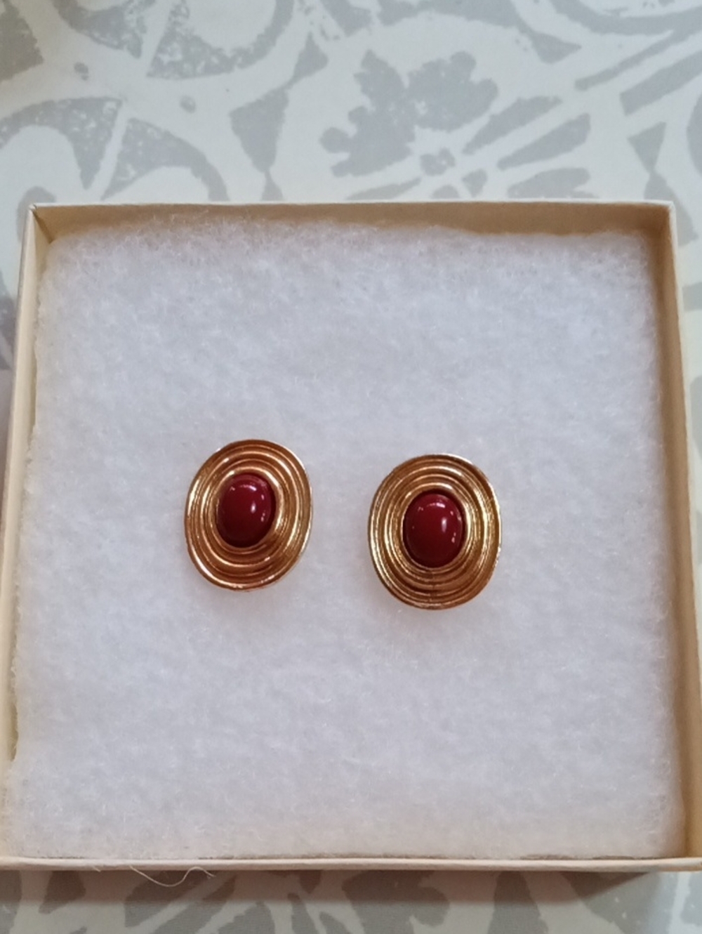 Gold-Tone Red Cabochon Oval Stud Earrings